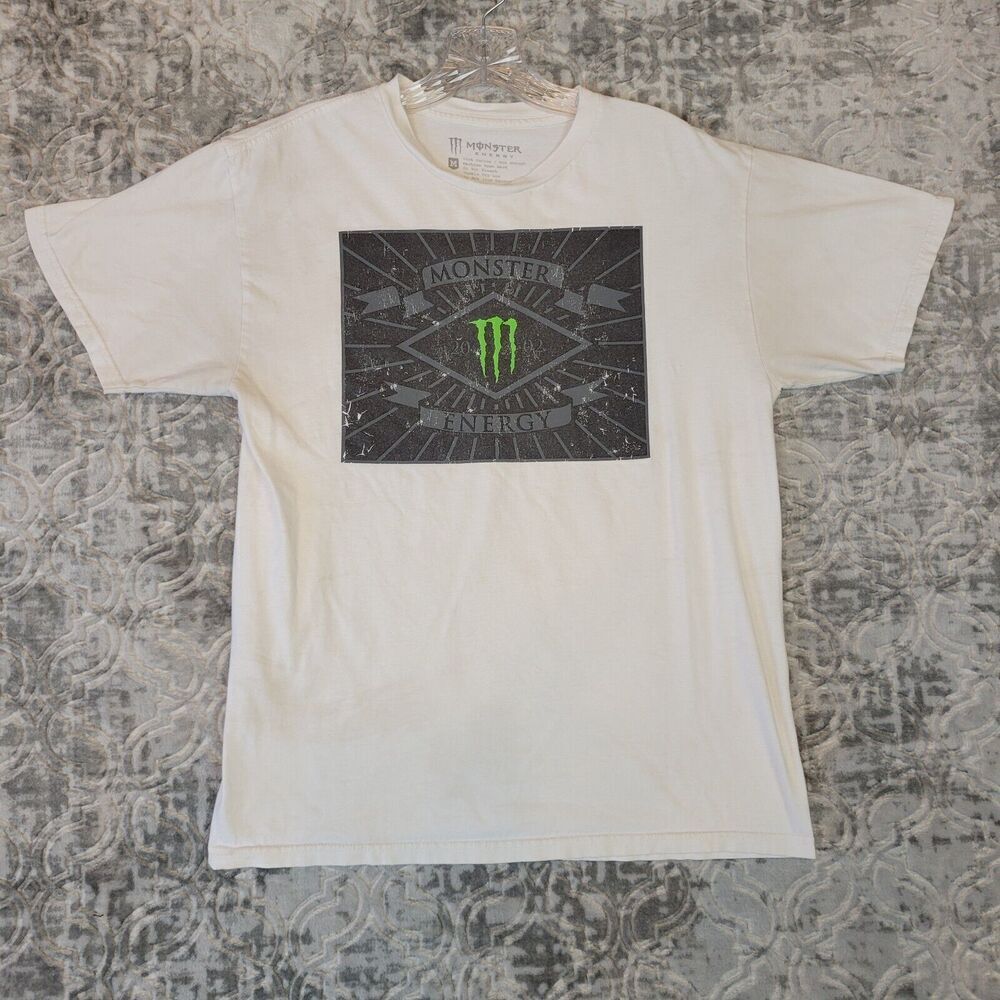 Monster Energy Shirt Mens Medium White Motocross 2002 Flag Logo Distressed Stain
